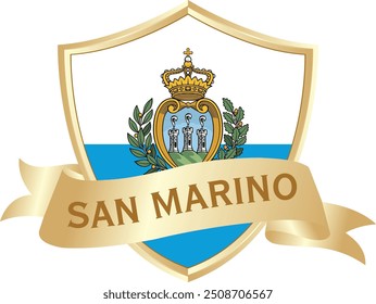 Flag of San Marino as around the metal gold shield with San Marino flag