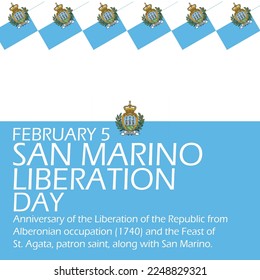 Flag of San Marino with bold text and sentence to commemorate the Liberation Day of San Marino February 5th