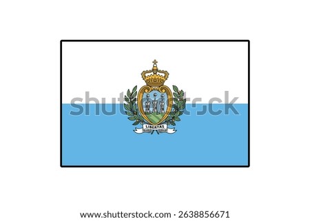 The flag of San Marino features a horizontal tricolor design with blue and white sections, showcasing the national coat of arms in the center with three towers and a crown.