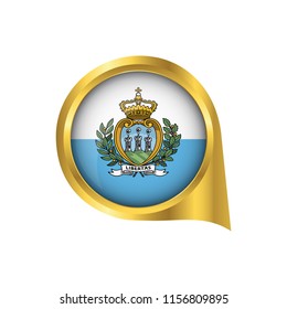 Flag of San Marino, location map pin, pointer flag San Marino, button gold, Icon country . Vector Illustration EPS10.
