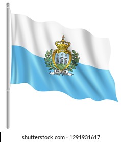 Flag of San Marino with flag pole waving in wind. Vector illustration