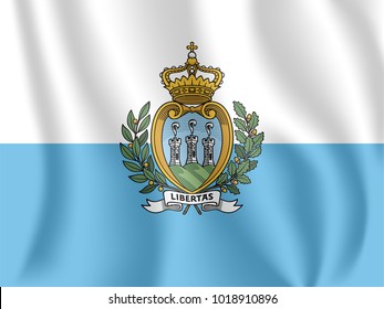 Flag of San Marino. Realistic waving flag of Republic of San Marino. Fabric textured flowing flag of Most Serene Republic of San Marino.