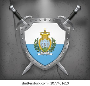 Flag of San Marino. The Shield with National Flag. Two Crossed Swords. Vector Medieval Background