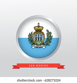 Flag of San Marino in shiny circle with red ribbon on gradient gray background.