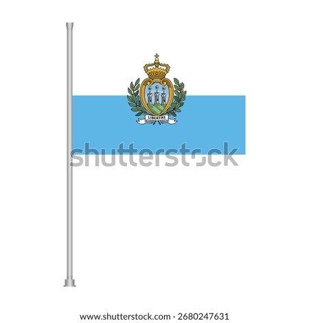 The flag of San Marino, a sovereign microstate, is displayed on a flagpole against a dark background.