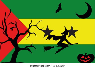 The flag of Sao Tome E Principe with halloween silhouettes