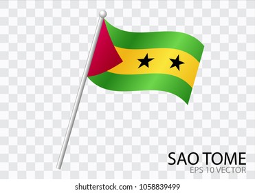 Flag of SAO TOME with flag pole waving in wind.Vector illustration