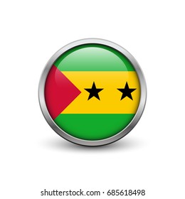 Flag of Sao Tome and Principe, button with metal frame and shadow