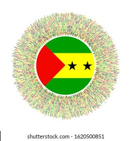 Flag of Sao Tome and Principe with colorful rays. Radiant country sign. Shiny sunburst with Sao Tome and Principe flag. Amazing vector illustration.