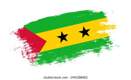 Flag of Sao Tome and Principe country on brush paint stroke trail view. Elegant texture of national country flag