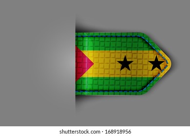 Flag of Sao Tome and Principe in the form of a glossy textured label or bookmark. Vector illustration.