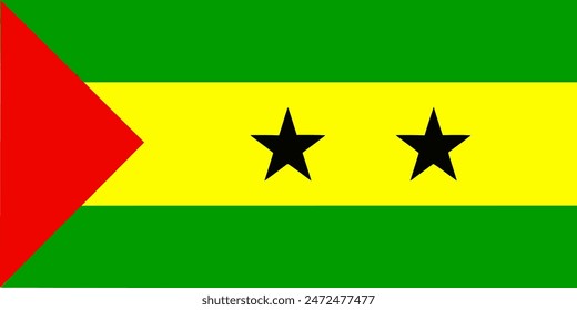 The flag of Sao Tome and Principe. Flag icon. Standard color. Standard size. A rectangular flag. Computer illustration. Digital illustration. Vector illustration.