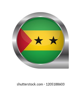 Flag of Sao Tome and Principe, location map pin, pointer flag, button with the reflection of light and shadow, silver frame, Icon country. Realistic vector illustration on white background.