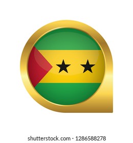 Flag of Sao Tome and Principe, location map pin, pointer flag, button with the reflection of light and shadow, gold frame, Icon country. Realistic vector illustration on white background.