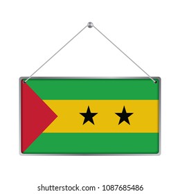 Flag of Sao Tome and Principe. The symbol of the state in the pennant hanging on the rope, rectangle hanging. Vector Illustration EPS10.  White Background.