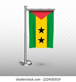Flag of Sao Tome and Principe. Vector illustration of a vertical hanging flag with flagpole on a transparent background (PNG).
