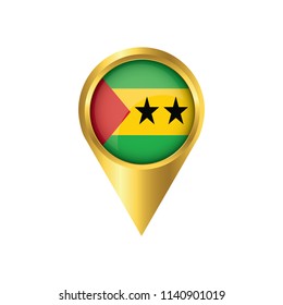Flag of Sao Tome and Principe.symbol check in Sao Tome and Principe, golden map pointer with the national flag of Sao Tome and Principe in the button. vector illustration.