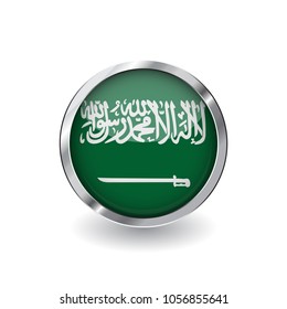 Flag of saudi arabia, button with metal frame and shadow. saudi arabia flag vector icon, badge with glossy effect and metallic border. Realistic vector illustration on white background.