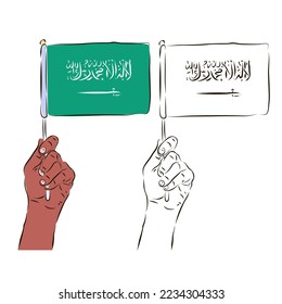The flag of Saudi Arabia is in the hand of a man in color and black and white. The concept of patriotism.
