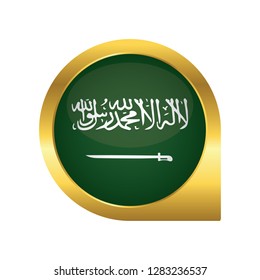 Flag of Saudi Arabia, location map pin, pointer flag, button with the reflection of light and shadow, gold frame, Icon country. Realistic vector illustration on white background.