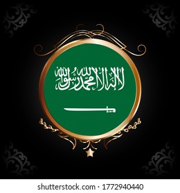 Flag of Saudi Arabia round icon with gold Circle Frame, badge or button. Saudi Arabia national symbol. Vector illustration.