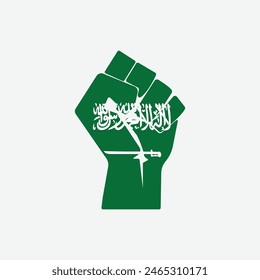 Flag of Saudi Arabia in the shape of raised hand sign isolated on background. Fist symbol modern, simple, vector, icon for website design, mobile app, ui. Vector Illustration