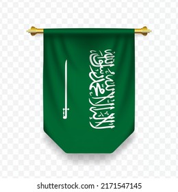 Bandera de Arabia Saudita. Ilustración vectorial de una bandera vertical colgante sobre un fondo transparente (PNG). 