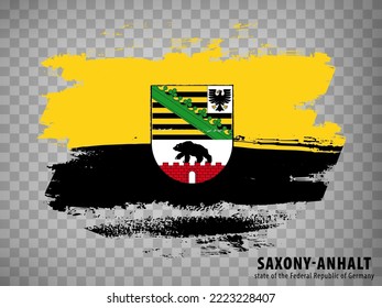 Flag of Saxony-Anhalt from brush strokes. Federal Republic of Germany.  Flag Free State of Saxony-Anhalt with title on transparent background for your web site design, app, UI.  EPS10