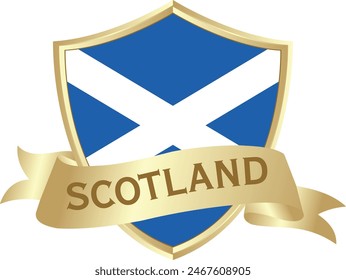 Flag of scotland as around the metal gold shield with scotland flag