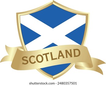 Flag of scotland as around the metal gold shield with scotland flag