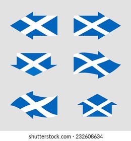 Flag of Scotland country in the form of arrows colors of State. Infographics.Pointer direction of finding. Travel and Tourism. Info. Vector. Icon.