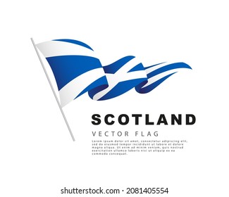 The flag of Scotland hangs from a flagpole and flutters in the wind. Vector illustration isolated on white background. Scottish flag colorful logo.