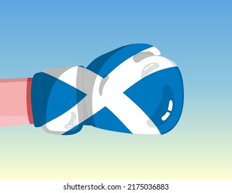 Flag of Scotland on boxing glove. Confrontation between countries with competitive power. Offensive attitude. Separation of power. Template ready design.