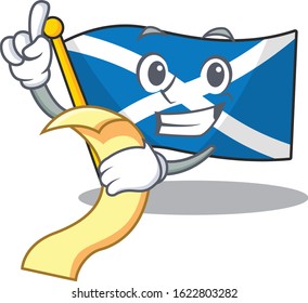 Flag scotland Scroll cartoon character holding menu ready to serve