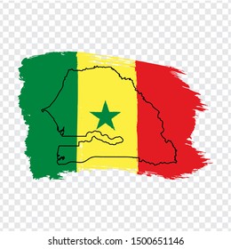 Bandera Senegal de pinceladas y mapa en blanco Senegal. Mapa de alta calidad Senegal y bandera sobre fondo transparente.África. Vector de material. Imagen del vector EPS10.