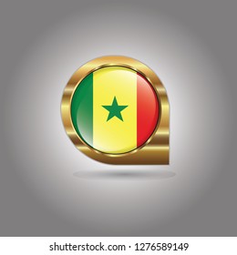 Flag of Senegal, button with the reflection of light and shadow, gold frame, Icon country. Realistic vector illustration on gray background.