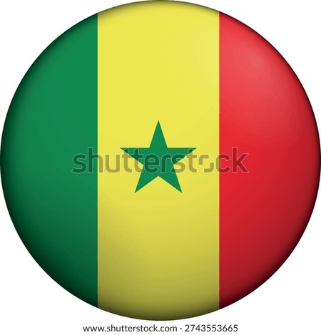 Flag of Senegal. Glossy circular flag. Button appearance. 3D Icon Design with depth. Professional, tactile look. Perfect for representing national identity in digital interfaces and perfect for websites
