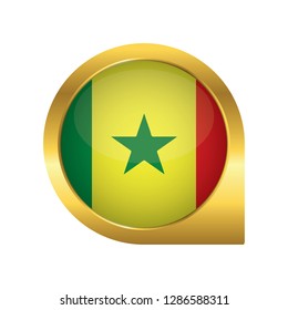 Flag of Senegal, location map pin, pointer flag, button with the reflection of light and shadow, gold frame, Icon country. Realistic vector illustration on white background.