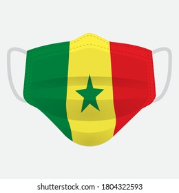 Flag of Senegal on medical face mask Front side vector isolated on white background. EPS.file. Medical face mask concept protect people in country from virus.