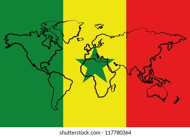 The flag of Senegal with the outline of the world