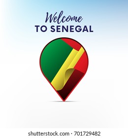 Flag of Senegal in shape of map pointer or marker. Welcome to Senegal. Vector illustration.