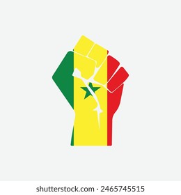 Flag of Senegal in the shape of raised hand sign isolated on background. Fist symbol modern, simple, vector, icon for website design, mobile app, ui. Vector Illustration