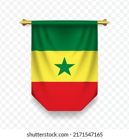 Bandera de Senegal. Ilustración vectorial de una bandera vertical colgante sobre un fondo transparente (PNG). 