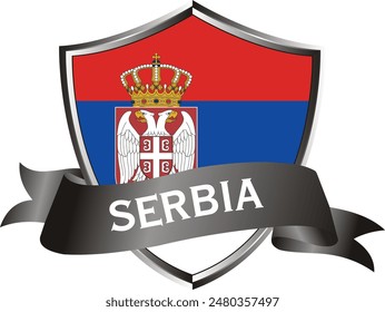 Flag of serbia as around the metal silver shield with serbia flag