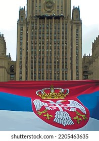 Flag of Serbia with building of Ministry of Foreign Affairs of the Russian Federation in background. Vector image.