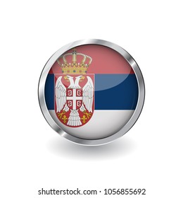 Flag of serbia, button with metal frame and shadow. serbia flag vector icon, badge with glossy effect and metallic border. Realistic vector illustration on white background.
