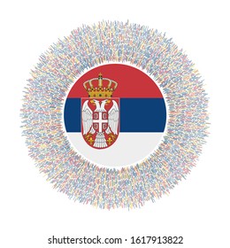 Flag of Serbia with colorful rays. Radiant country sign. Shiny sunburst with Serbia flag. Trendy vector illustration.