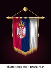 Flag of Serbia. Festive Vertical Banner. Wall Hangings with Gold Tassel Fringing