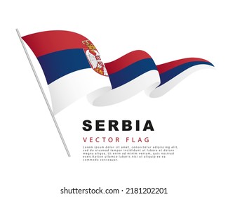 The flag of Serbia hangs on a flagpole and flutters in the wind. Vector illustration isolated on white background. Colorful Serbian flag logo.