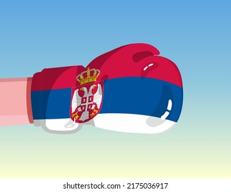Flag of Serbia on boxing glove. Confrontation between countries with competitive power. Offensive attitude. Separation of power. Template ready design.